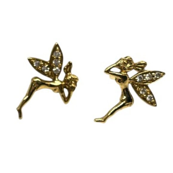 VINTAGE GOLD TONE FAIRY PIXIE STUD EARRINGS RHINESTONE WINGS WHIMSICAL CUTE - Picture 8 of 14